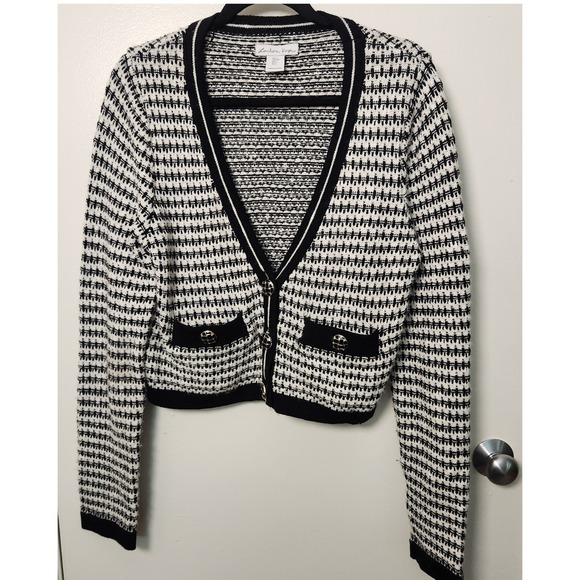 London Kaye Sweaters - London Kaye Black White‎ Women's Cropped V-Neck Cardigan Buttons Large Office